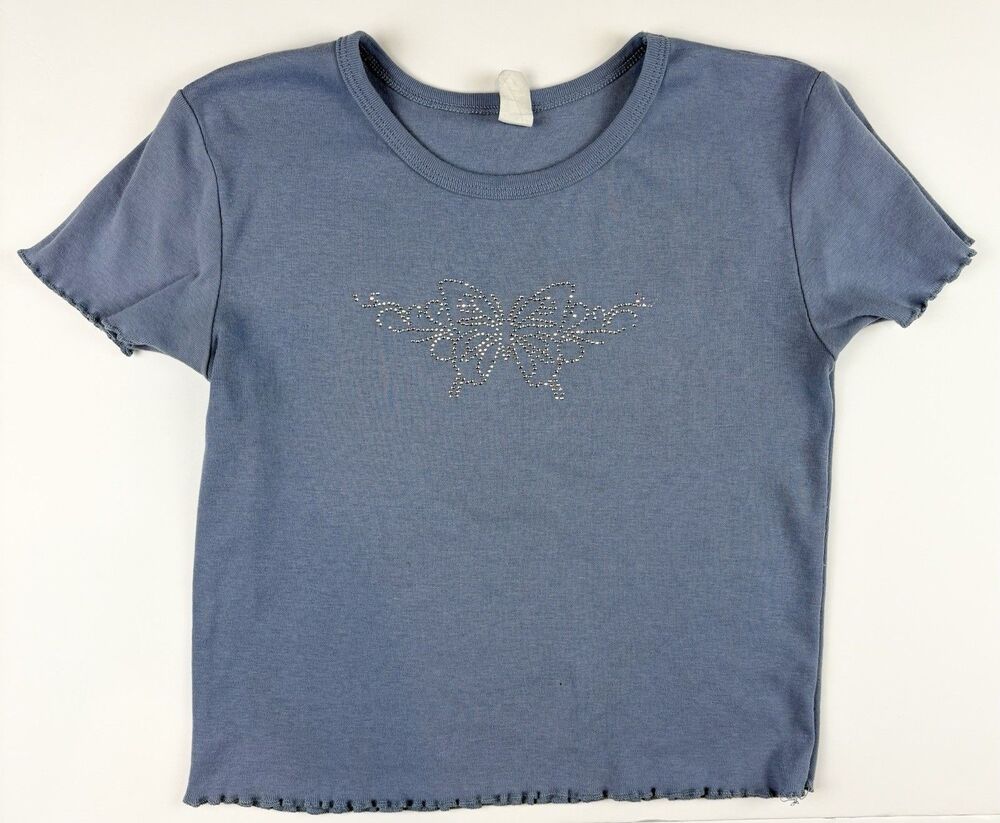 Girls Large T-Shirt Crop Top Y2K Babydoll Butterfly Lettuce Hem Rhinestone
